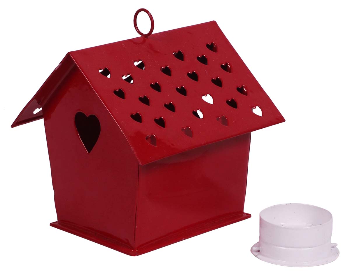 Hanging Hut Tea-Light Candle Holder - Cast in Iron - Hand-Painted in Red - Metal Votive Candle Stands - Party Decorations - Gifts from India - Buy in Bulk Wholesale